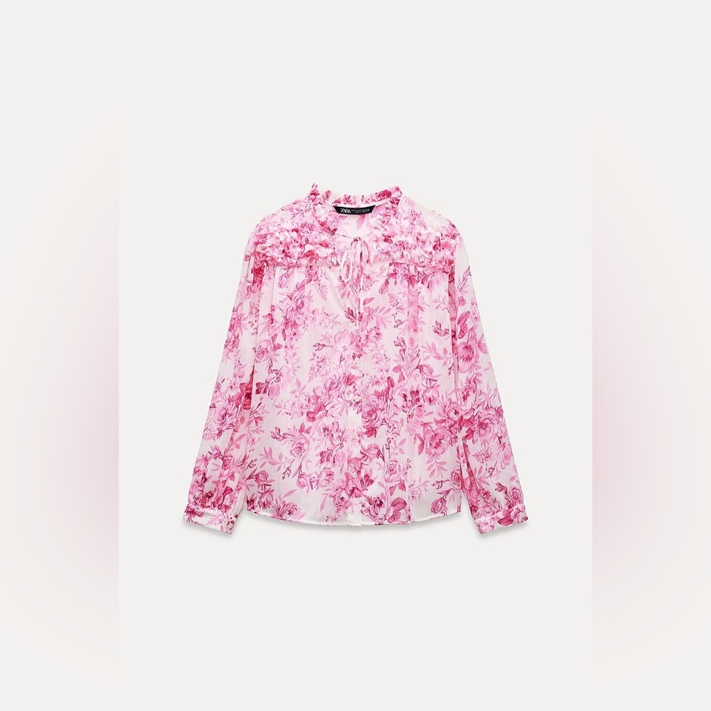 Zara Pink Floral Ruffle Blouse - Size Large - NWT